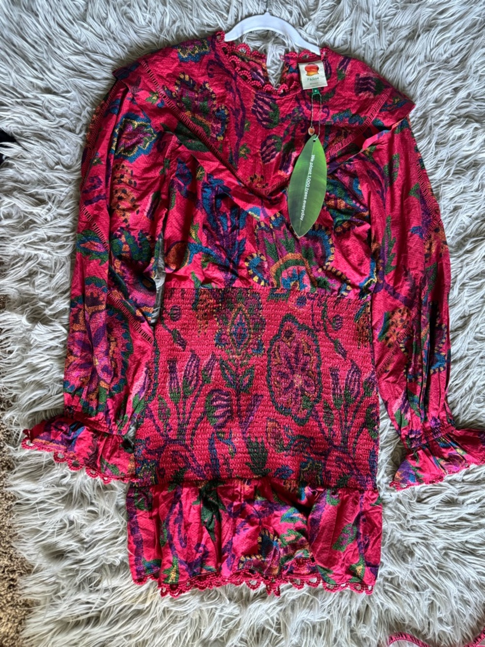 FARM Rio Vibrant Pink Floral Smocked Long Sleeve Mini Dress